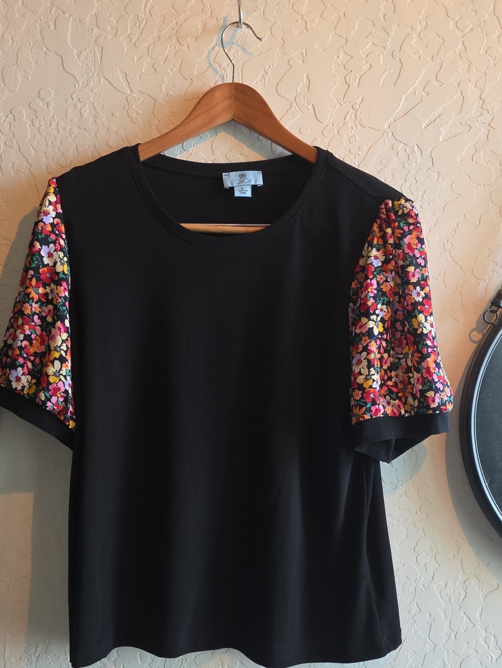 CeCe Black Tee with Multicolor Floral Puff Sleeves